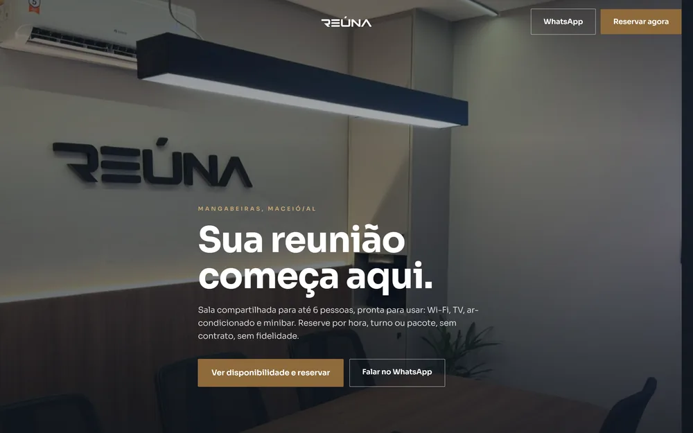 Página inicial do site da Sala Reúna, espaço profissional para locação em Maceió.